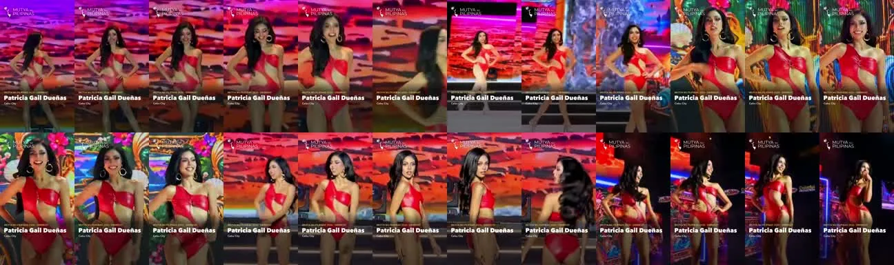 Contact sheet sa swimsuit reel ni Patricia Gail Dueñas (Cebu City): usa ka frame matag segundo, 24 ka frame. Usa ka delegado sa matag frame, kompleto ang name plate.