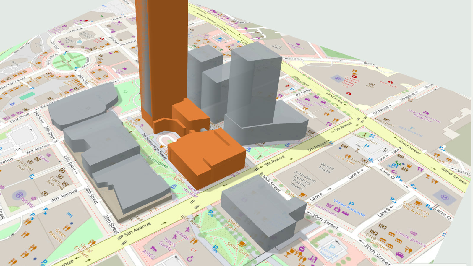 Shangri-La at the Fort in BGC as an orange massing model among grey neighbouring towers, on an OpenStreetMap street map