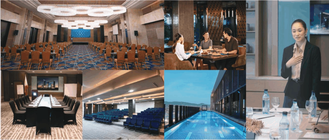 bai Hotel Cebu collage: ballroom setup, boardroom setup, dining scene, hotel staff, theater-style seating, rooftop lap pool