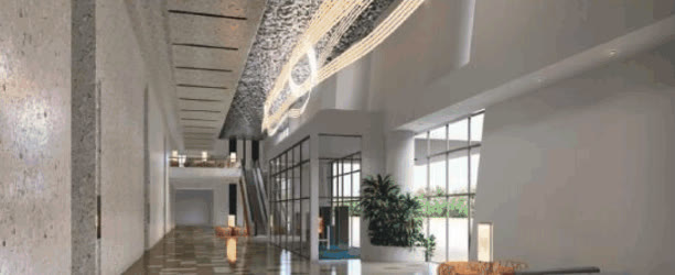 Render of the Mactan Expo Center ground-floor lobby with escalators