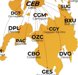 Map of domestic routes from Cebu (CEB) to Visayas and Mindanao airports