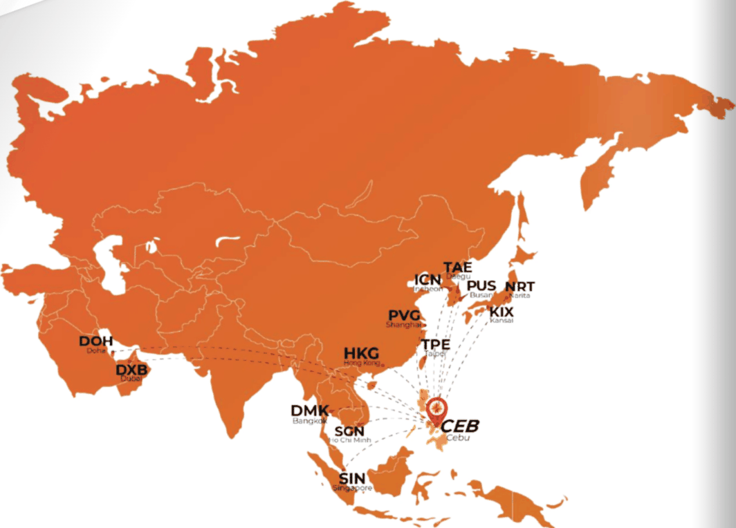 Map of Asia showing direct international routes from Cebu (CEB) to 13 airports