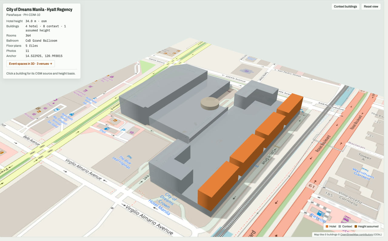 3D massing model of City of Dreams Manila - Hyatt Regency in Entertainment City, Parañaque, Metro Manila, Philippines, its tallest building about 34 m: the hotel's buildings in orange among grey neighbouring buildings on an OpenStreetMap street map. Model by Budots Media (budotsmediaph).