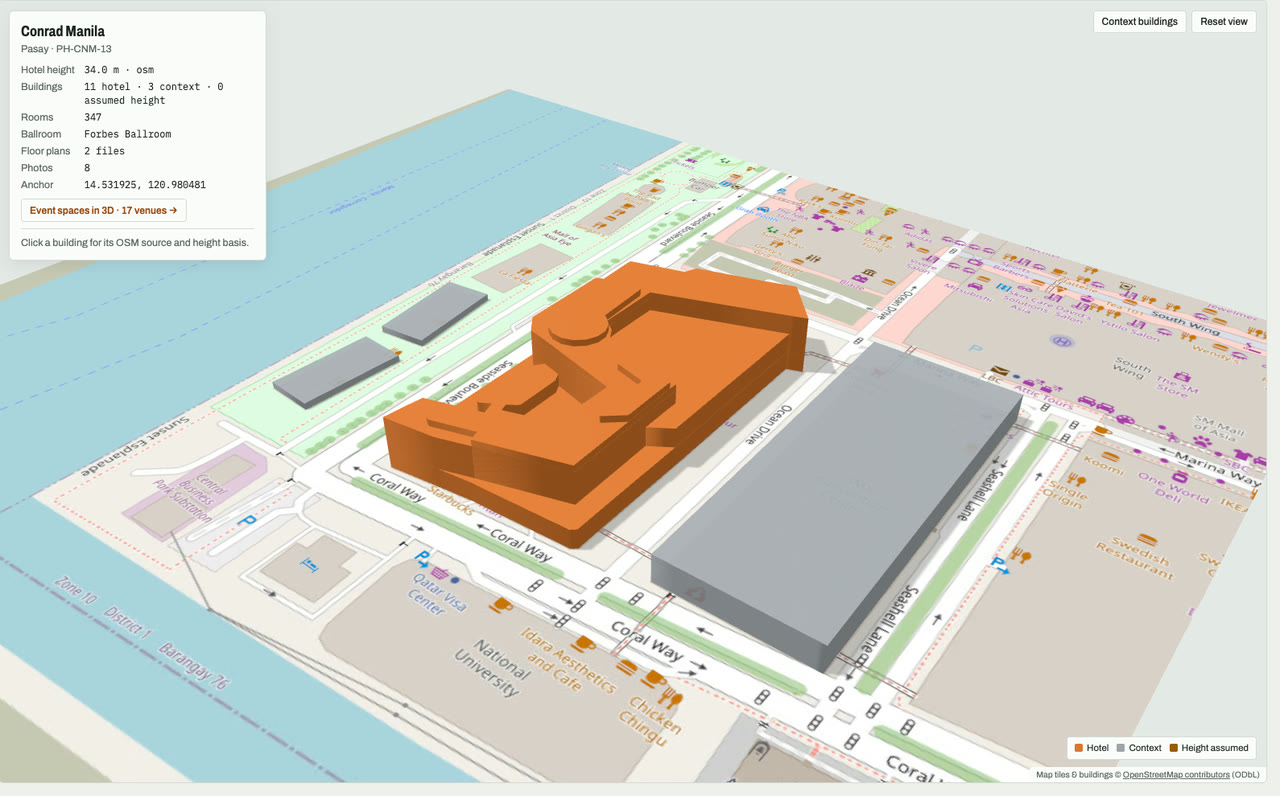 3D massing model of Conrad Manila in Pasay, Metro Manila, Philippines, its tallest building about 34 m: the hotel's buildings in orange among grey neighbouring buildings on an OpenStreetMap street map. Model by Budots Media (budotsmediaph).