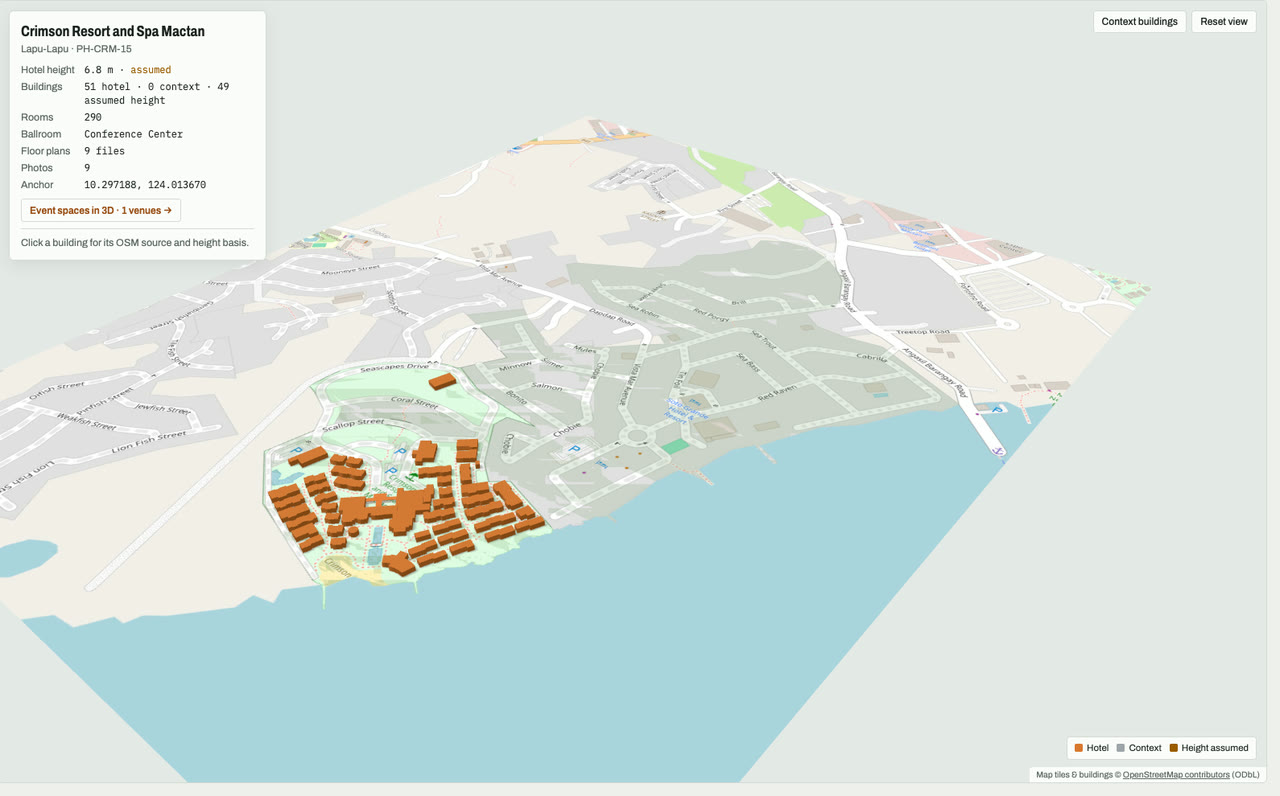 3D massing model of Crimson Resort and Spa Mactan in Lapu-Lapu City, Mactan, Cebu, Philippines: the hotel's buildings in orange among grey neighbouring buildings on an OpenStreetMap street map. Model by Budots Media (budotsmediaph).