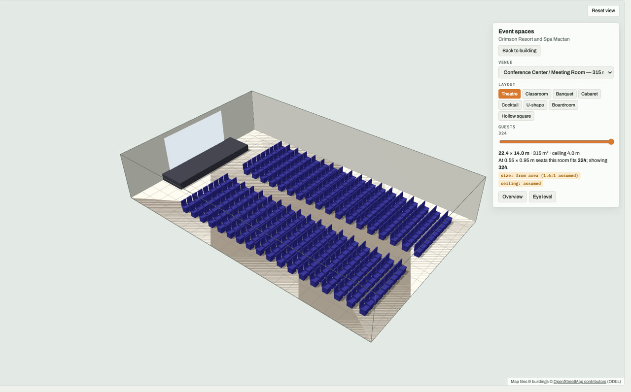 Conference Center / Meeting Room at Crimson Resort and Spa Mactan, Lapu-Lapu City, Mactan, Cebu, drawn to scale in 3D (22 × 14 m, 315 m², ceiling 4.0 m) and set for a theatre layout: navy chairs facing a stage and screen. Event-space model by Budots Media (budotsmediaph).