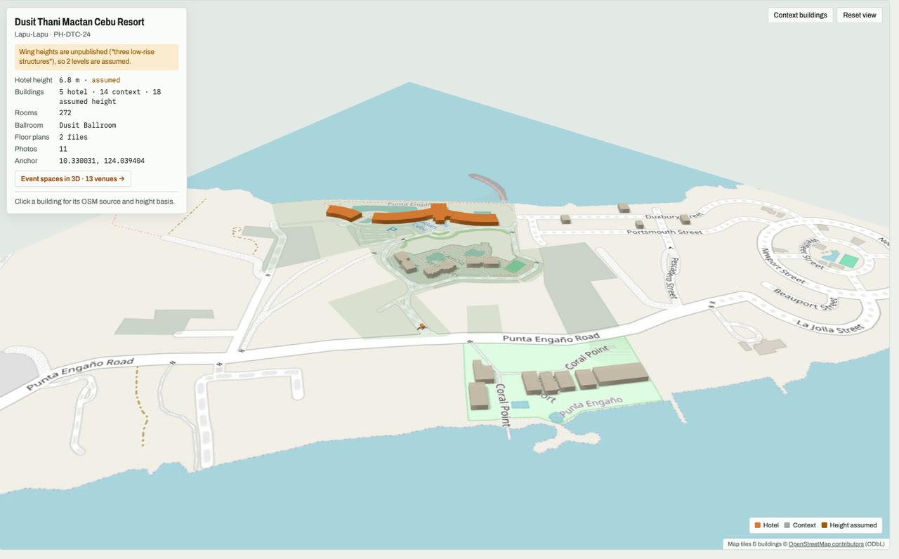 3D massing model of Dusit Thani Mactan Cebu Resort in Lapu-Lapu City, Mactan, Cebu, Philippines: the hotel's buildings in orange among grey neighbouring buildings on an OpenStreetMap street map. Model by Budots Media (budotsmediaph).