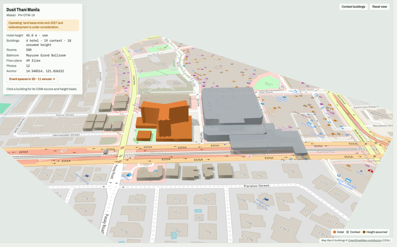 3D massing model of Dusit Thani Manila in Makati, Metro Manila, Philippines, its tallest building about 45 m: the hotel's buildings in orange among grey neighbouring buildings on an OpenStreetMap street map. Model by Budots Media (budotsmediaph).