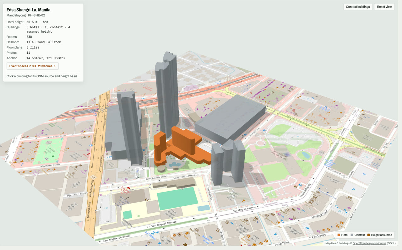 3D massing model of Edsa Shangri-La, Manila in Ortigas, Mandaluyong, Metro Manila, Philippines, its tallest building about 66 m: the hotel's buildings in orange among grey neighbouring buildings on an OpenStreetMap street map. Model by Budots Media (budotsmediaph).