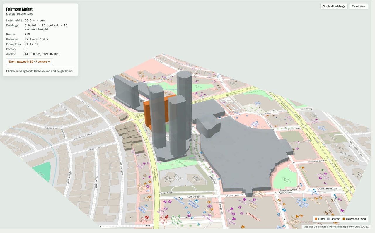 3D massing model of Fairmont Makati in Makati, Metro Manila, Philippines, its tallest building about 80 m: the hotel's buildings in orange among grey neighbouring buildings on an OpenStreetMap street map. Model by Budots Media (budotsmediaph).