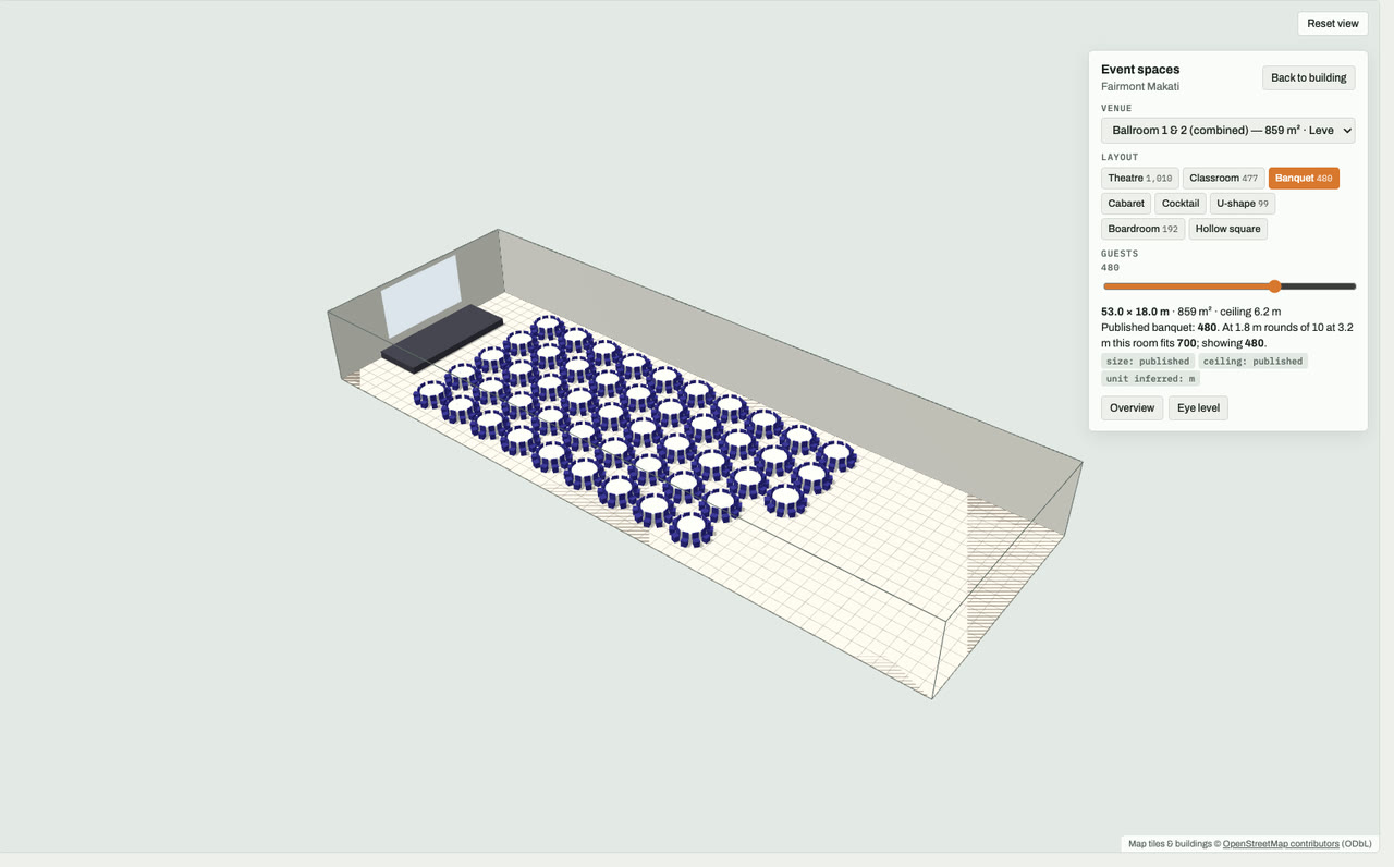 Ballroom 1 & 2 (combined) at Fairmont Makati, Makati, Metro Manila, drawn to scale in 3D (53 × 18 m, 859 m², ceiling 6.2 m) and set for a banquet layout of 480 guests: navy chairs around white round tables facing a stage and screen. Event-space model by Budots Media (budotsmediaph).