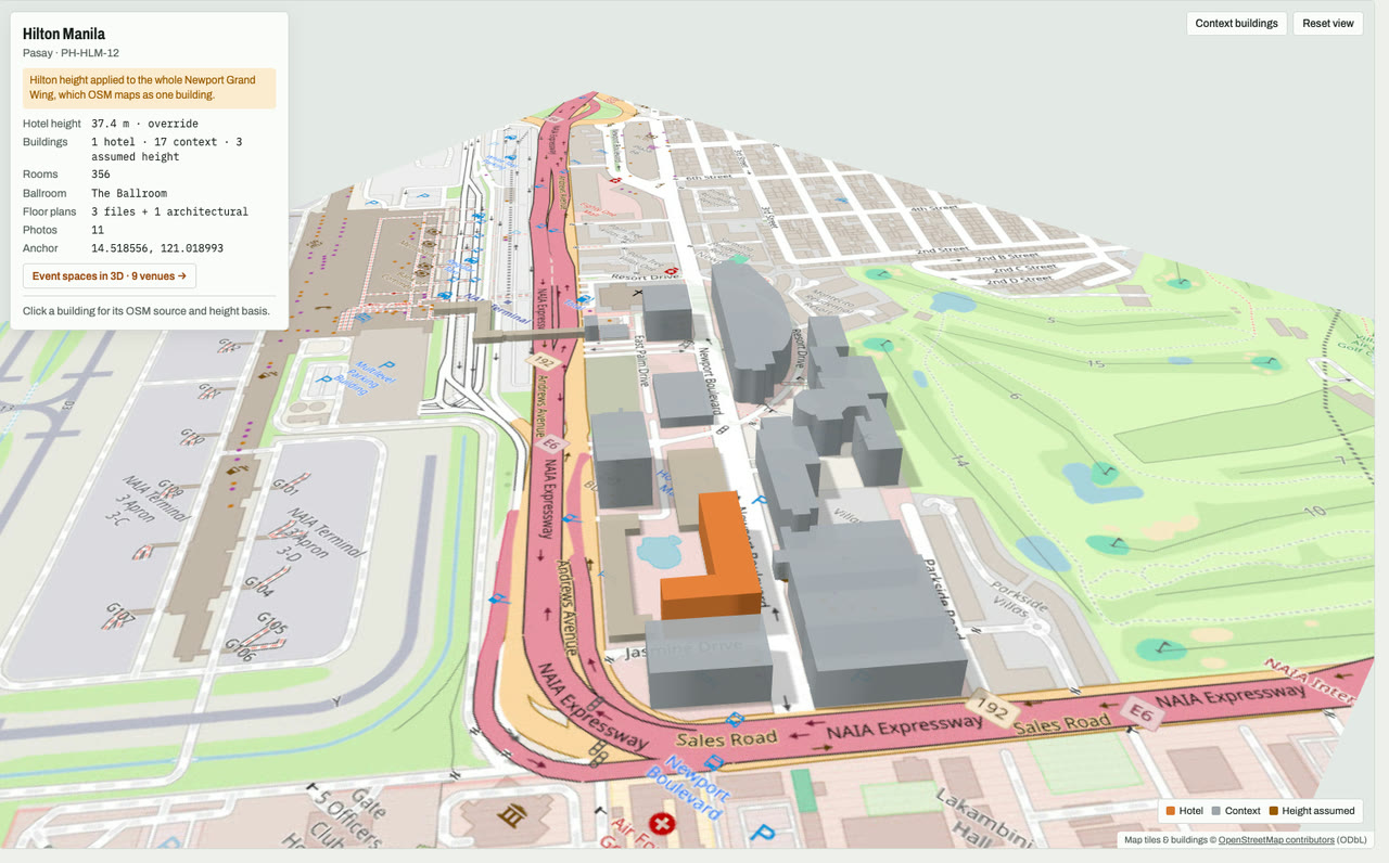 3D massing model of Hilton Manila in Pasay, Metro Manila, Philippines, its tallest building about 37 m: the hotel's buildings in orange among grey neighbouring buildings on an OpenStreetMap street map. Model by Budots Media (budotsmediaph).