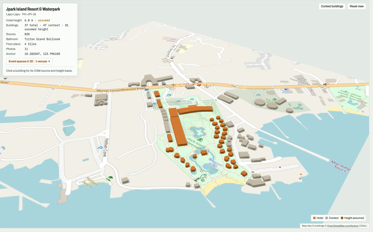 3D massing model of Jpark Island Resort & Waterpark in Lapu-Lapu City, Mactan, Cebu, Philippines: the hotel's buildings in orange among grey neighbouring buildings on an OpenStreetMap street map. Model by Budots Media (budotsmediaph).