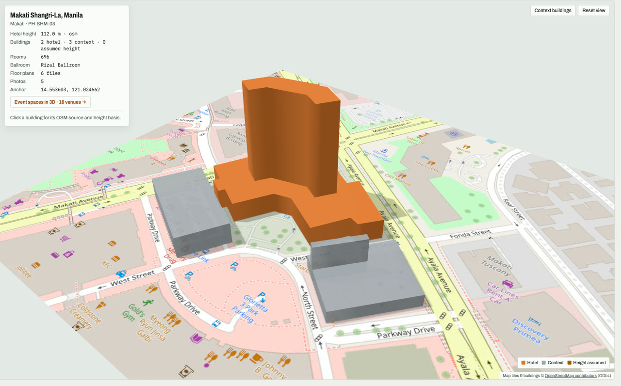 3D massing model of Makati Shangri-La, Manila in Makati, Metro Manila, Philippines, its tallest building about 112 m: the hotel's buildings in orange among grey neighbouring buildings on an OpenStreetMap street map. Model by Budots Media (budotsmediaph).