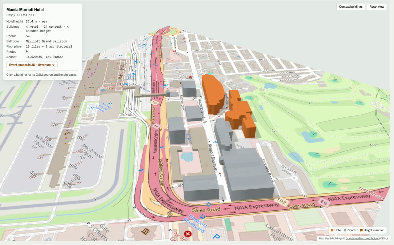 3D massing model of Manila Marriott Hotel in Pasay, Metro Manila, Philippines, its tallest building about 37 m: the hotel's buildings in orange among grey neighbouring buildings on an OpenStreetMap street map. Model by Budots Media (budotsmediaph).