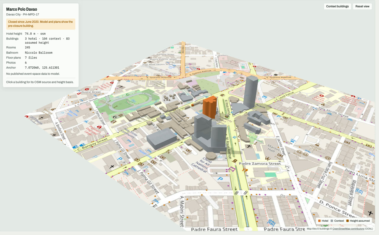 3D massing model of Marco Polo Davao in Davao City, Mindanao, Philippines, its tallest building about 74 m: the hotel's buildings in orange among grey neighbouring buildings on an OpenStreetMap street map. Model by Budots Media (budotsmediaph).