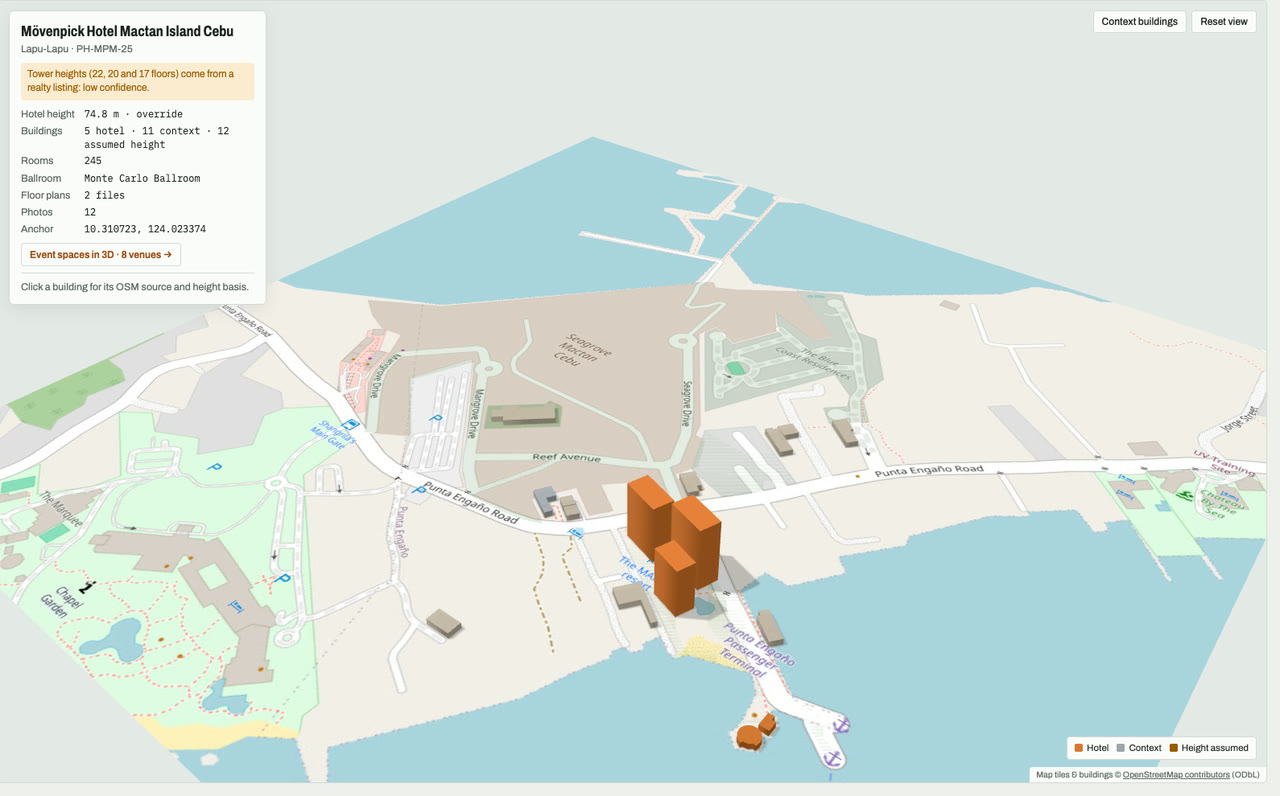 3D massing model of Mövenpick Hotel Mactan Island Cebu in Lapu-Lapu City, Mactan, Cebu, Philippines, its tallest building about 75 m: the hotel's buildings in orange among grey neighbouring buildings on an OpenStreetMap street map. Model by Budots Media (budotsmediaph).