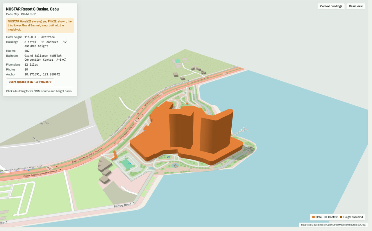 3D massing model of NUSTAR Resort & Casino, Cebu in Cebu City, Philippines, its tallest building about 116 m: the hotel's buildings in orange among grey neighbouring buildings on an OpenStreetMap street map. Model by Budots Media (budotsmediaph).