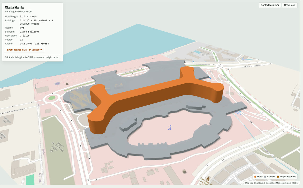 3D massing model of Okada Manila in Entertainment City, Parañaque, Metro Manila, Philippines, its tallest building about 51 m: the hotel's buildings in orange among grey neighbouring buildings on an OpenStreetMap street map. Model by Budots Media (budotsmediaph).