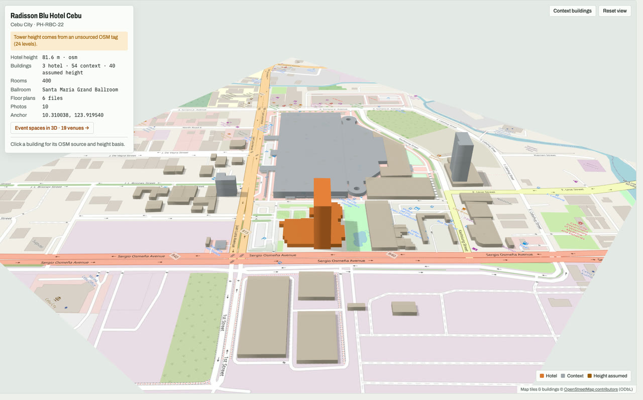 3D massing model of Radisson Blu Hotel Cebu in Cebu City, Philippines, its tallest building about 82 m: the hotel's buildings in orange among grey neighbouring buildings on an OpenStreetMap street map. Model by Budots Media (budotsmediaph).