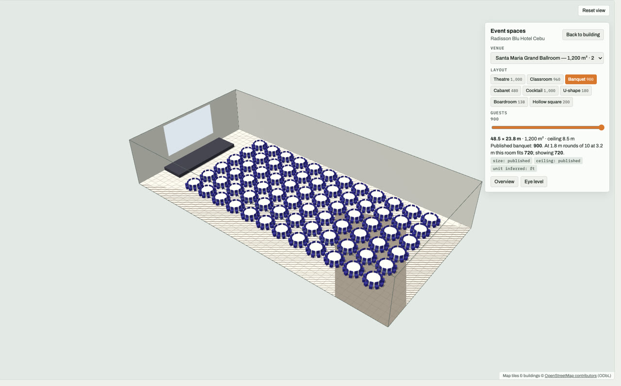 Santa Maria Grand Ballroom at Radisson Blu Hotel Cebu, Cebu City, drawn to scale in 3D (49 × 24 m, 1,200 m², ceiling 8.5 m) and set for a banquet layout of 900 guests: navy chairs around white round tables facing a stage and screen. Event-space model by Budots Media (budotsmediaph).