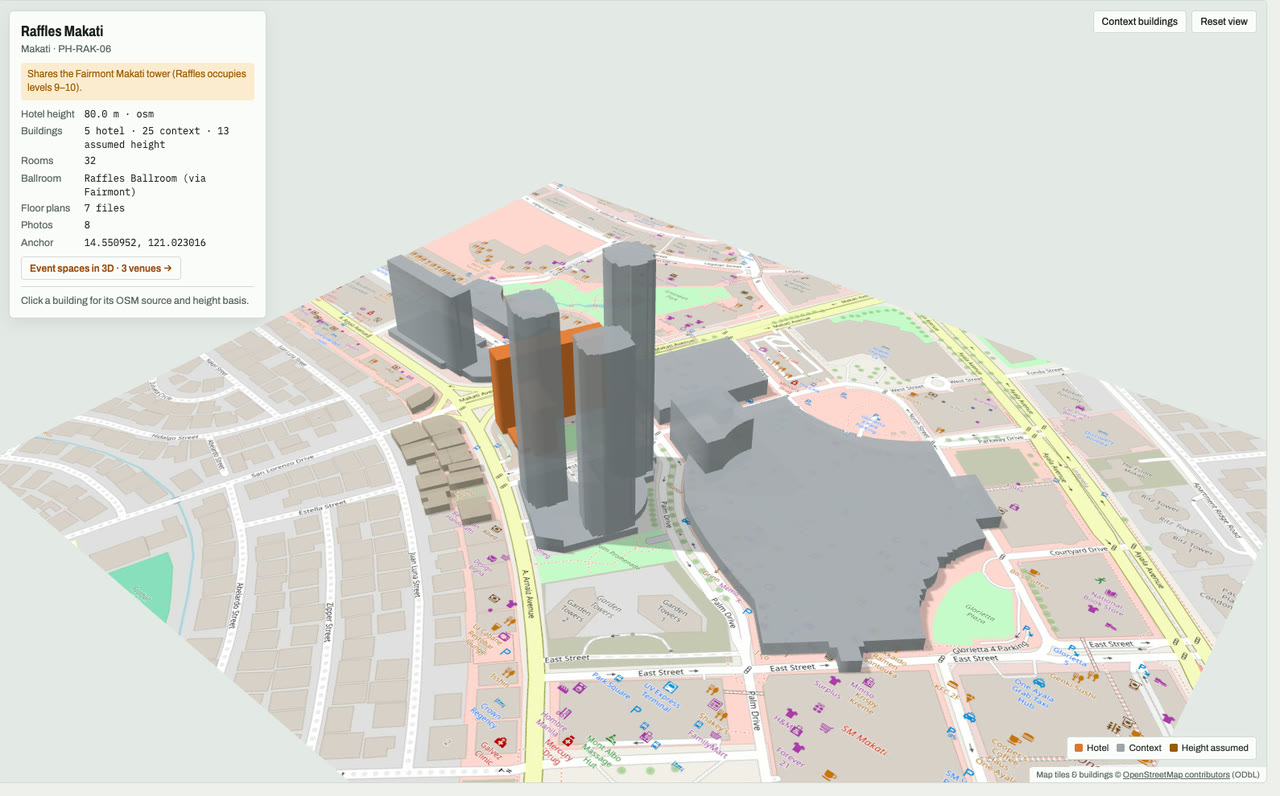 3D massing model of Raffles Makati in Makati, Metro Manila, Philippines, its tallest building about 80 m: the hotel's buildings in orange among grey neighbouring buildings on an OpenStreetMap street map. Model by Budots Media (budotsmediaph).