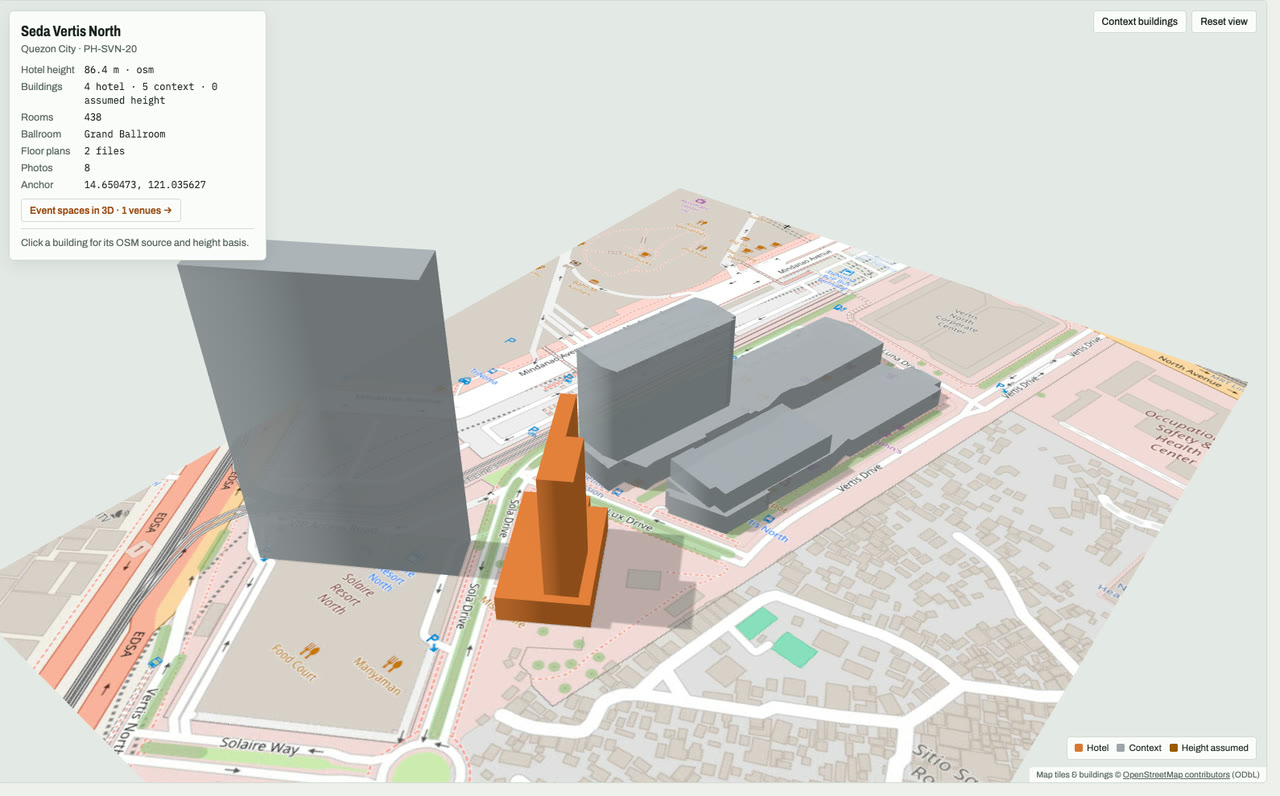 3D massing model of Seda Vertis North in Quezon City, Metro Manila, Philippines, its tallest building about 86 m: the hotel's buildings in orange among grey neighbouring buildings on an OpenStreetMap street map. Model by Budots Media (budotsmediaph).