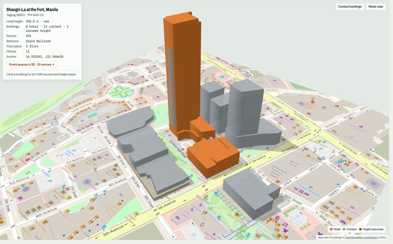 3D massing model of Shangri-La at the Fort, Manila in Bonifacio Global City, Taguig, Metro Manila, Philippines, its tallest building about 250 m: the hotel's buildings in orange among grey neighbouring buildings on an OpenStreetMap street map. Model by Budots Media (budotsmediaph).