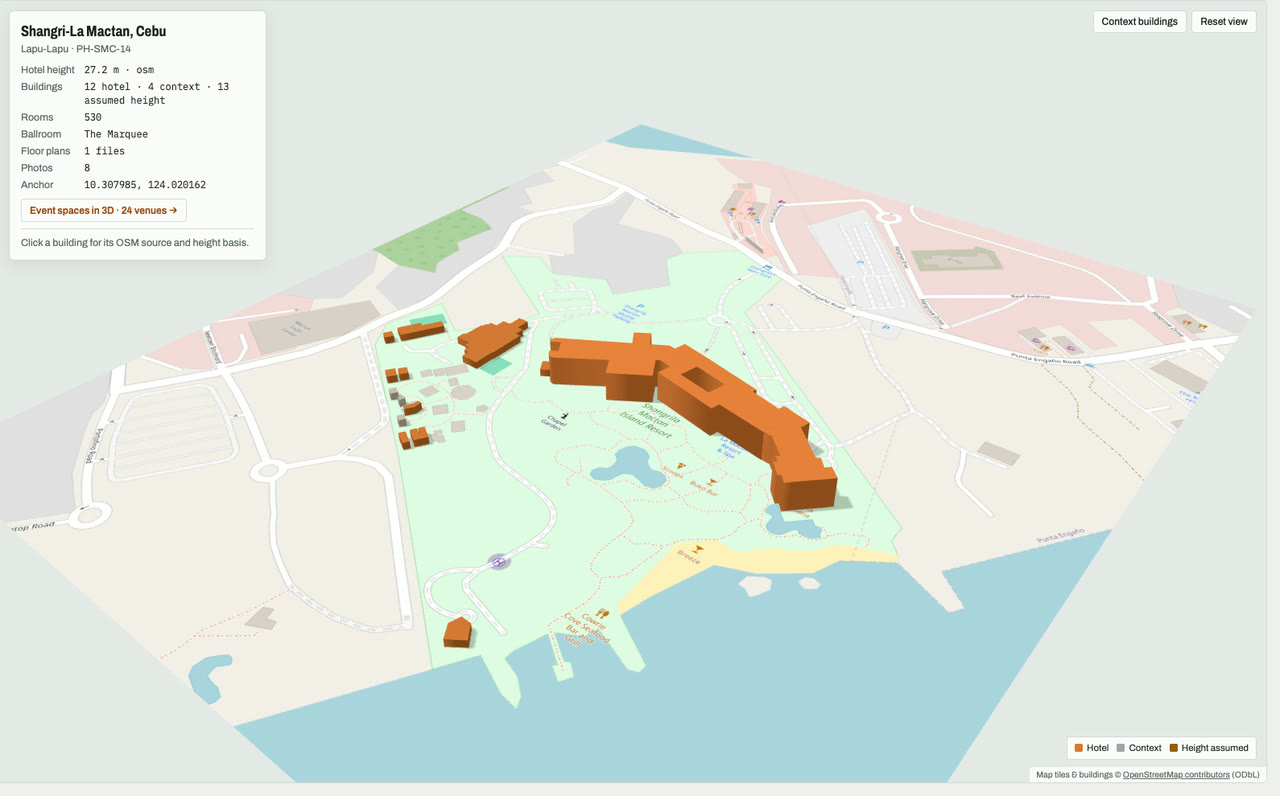3D massing model of Shangri-La Mactan, Cebu in Lapu-Lapu City, Mactan, Cebu, Philippines, its tallest building about 27 m: the hotel's buildings in orange among grey neighbouring buildings on an OpenStreetMap street map. Model by Budots Media (budotsmediaph).
