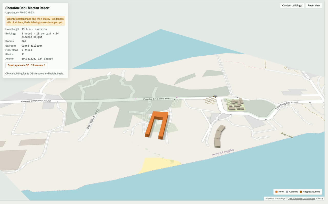 3D massing model of Sheraton Cebu Mactan Resort in Lapu-Lapu City, Mactan, Cebu, Philippines, its tallest building about 14 m: the hotel's buildings in orange among grey neighbouring buildings on an OpenStreetMap street map. Model by Budots Media (budotsmediaph).