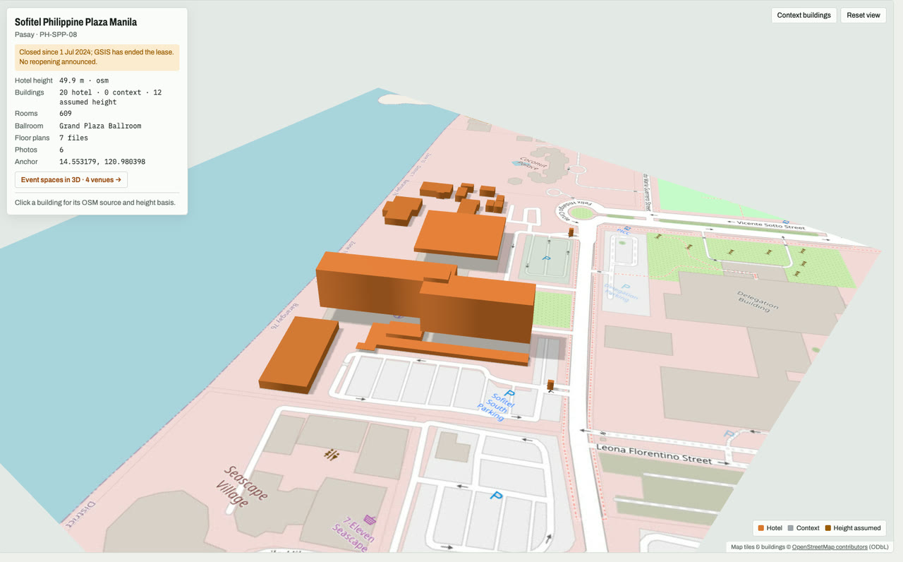 3D massing model of Sofitel Philippine Plaza Manila in Pasay, Metro Manila, Philippines, its tallest building about 50 m: the hotel's buildings in orange among grey neighbouring buildings on an OpenStreetMap street map. Model by Budots Media (budotsmediaph).