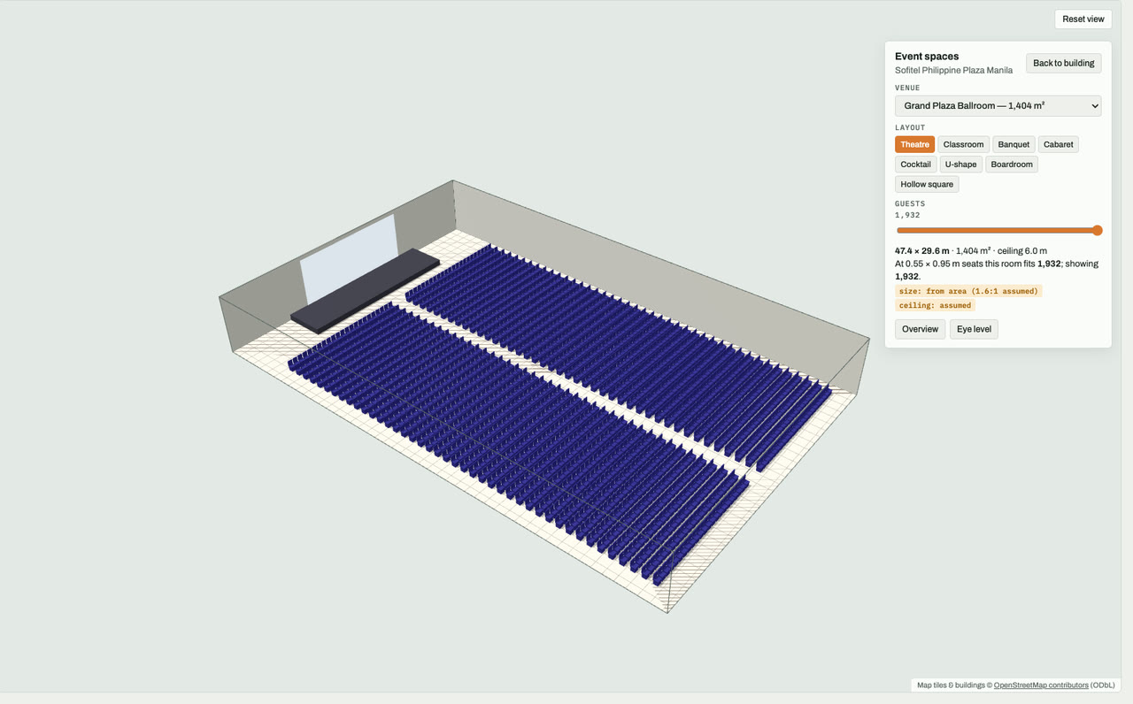 Grand Plaza Ballroom at Sofitel Philippine Plaza Manila, Pasay, Metro Manila, drawn to scale in 3D (47 × 30 m, 1,404 m², ceiling 6.0 m) and set for a theatre layout: navy chairs facing a stage and screen. Event-space model by Budots Media (budotsmediaph).