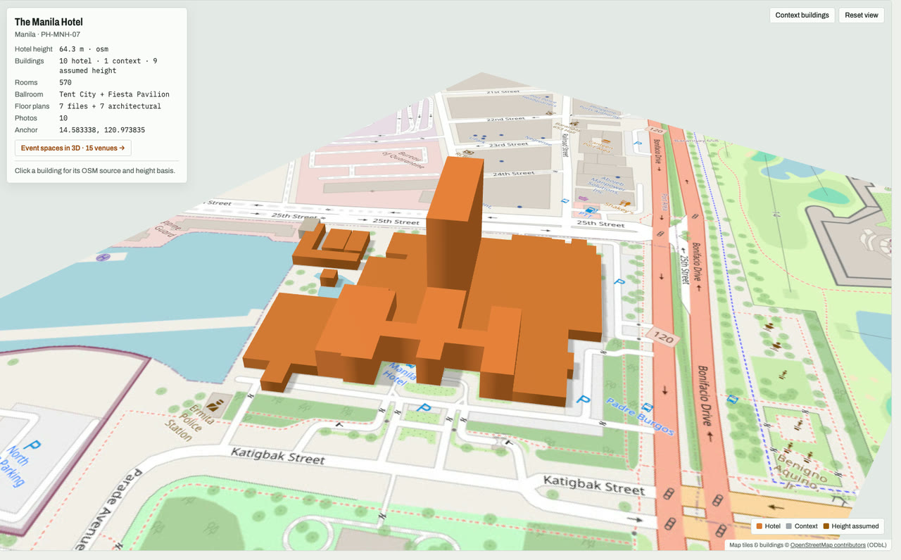 3D massing model of The Manila Hotel in Ermita, Manila, Philippines, its tallest building about 64 m: the hotel's buildings in orange among grey neighbouring buildings on an OpenStreetMap street map. Model by Budots Media (budotsmediaph).