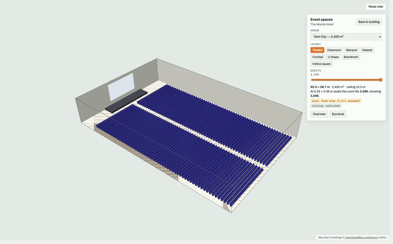 Tent City at The Manila Hotel, Ermita, Manila, drawn to scale in 3D (62 × 39 m, 2,400 m², ceiling 10.0 m) and set for a theatre layout: navy chairs facing a stage and screen. Event-space model by Budots Media (budotsmediaph).