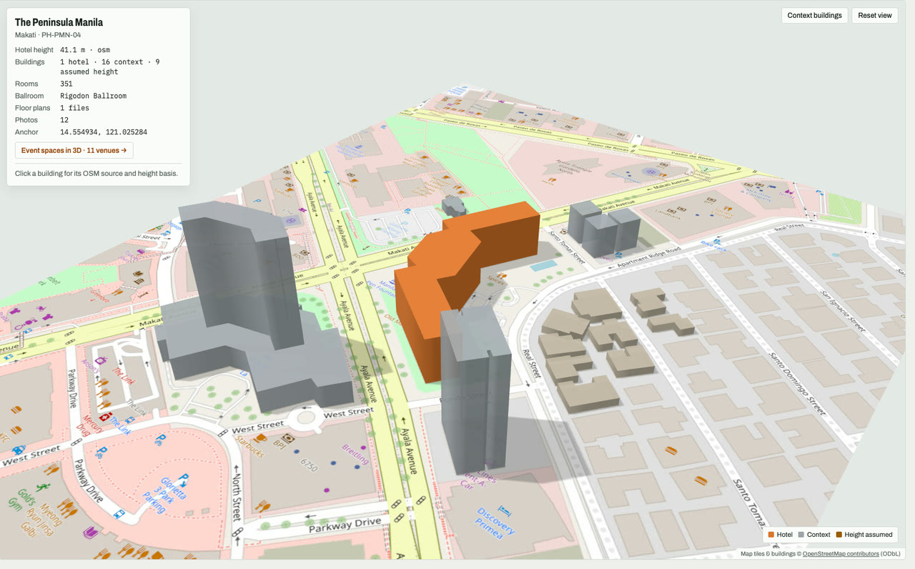 3D massing model of The Peninsula Manila in Makati, Metro Manila, Philippines, its tallest building about 41 m: the hotel's buildings in orange among grey neighbouring buildings on an OpenStreetMap street map. Model by Budots Media (budotsmediaph).