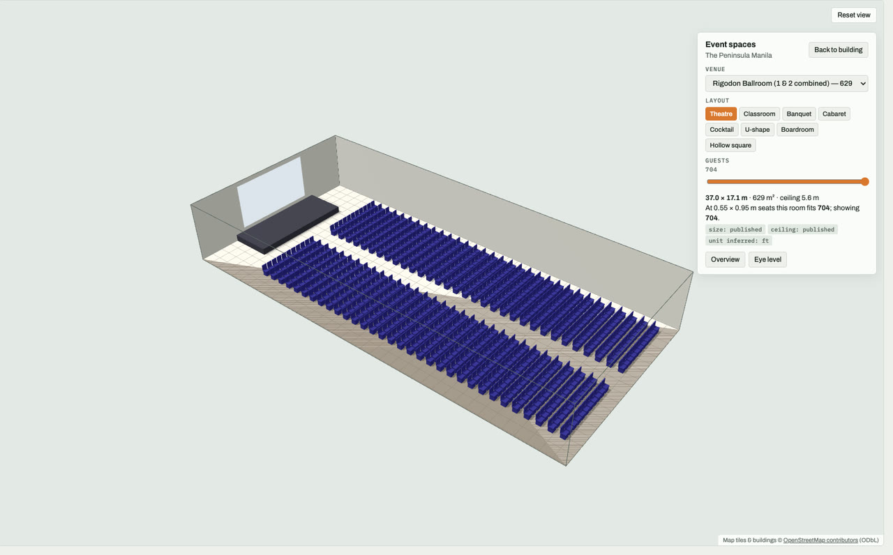 Rigodon Ballroom (1 & 2 combined) at The Peninsula Manila, Makati, Metro Manila, drawn to scale in 3D (37 × 17 m, 629 m², ceiling 5.6 m) and set for a theatre layout: navy chairs facing a stage and screen. Event-space model by Budots Media (budotsmediaph).