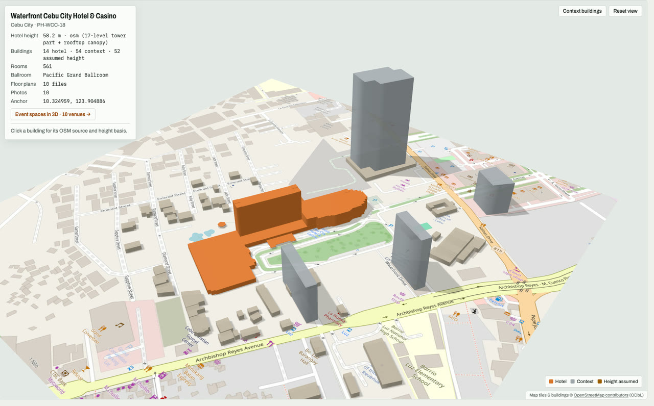 3D massing model of Waterfront Cebu City Hotel & Casino in Cebu City, Philippines, its tallest building about 58 m: the hotel's buildings in orange among grey neighbouring buildings on an OpenStreetMap street map. Model by Budots Media (budotsmediaph).